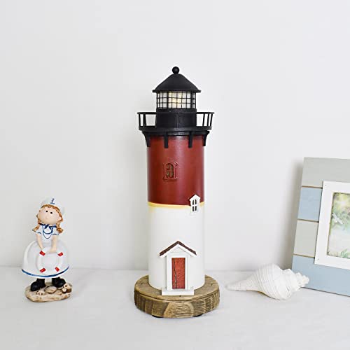 Aecipl Red Wooden Lighthouse Figurine with Lights - Nautical Home Décoration