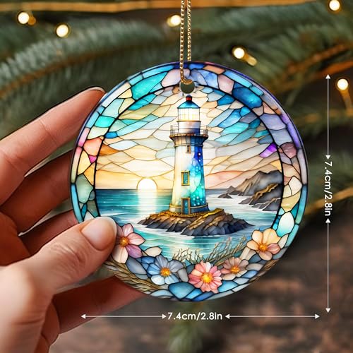Stained Ceramic Lighthouse Ornament - Christmas Decor for Home