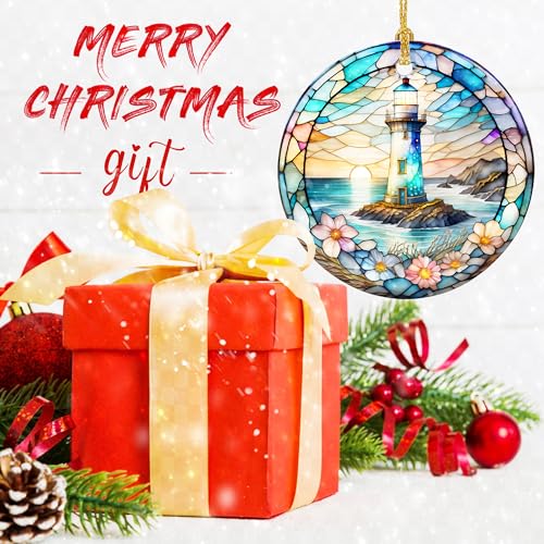 Stained Ceramic Lighthouse Ornament - Christmas Decor for Home