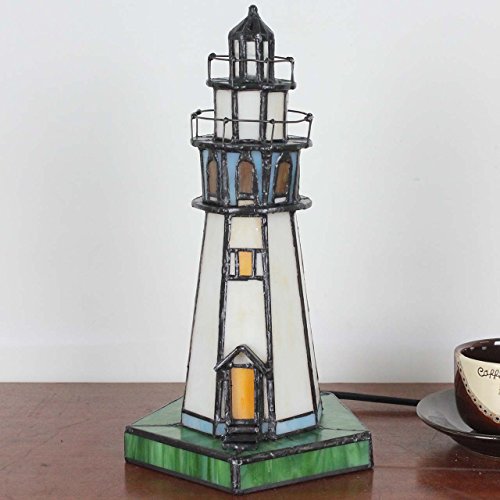 Tiffany Style Stained Glass Lighthouse Table Lamp - 10 Inch Accent Night Light