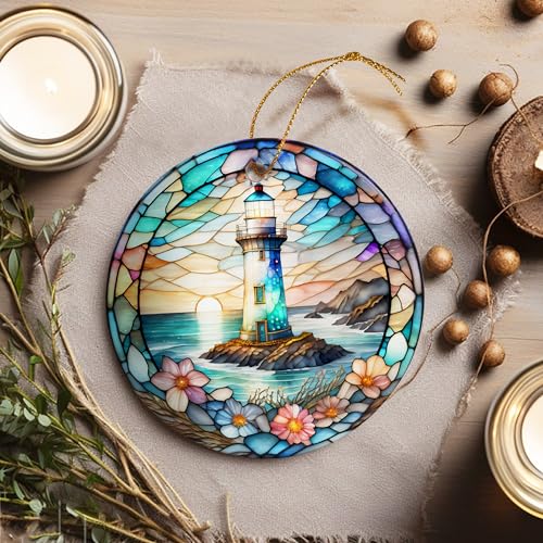 Stained Ceramic Lighthouse Ornament - Christmas Decor for Home