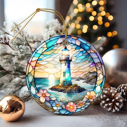 Stained Ceramic Lighthouse Ornament - Christmas Decor for Home