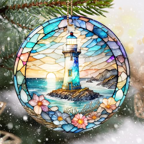 Stained Ceramic Lighthouse Ornament - Christmas Decor for Home