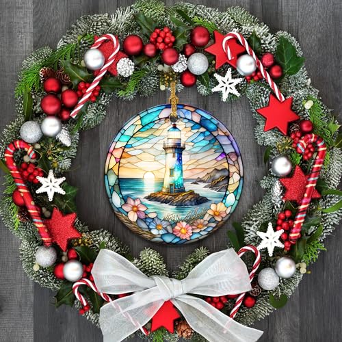 Stained Ceramic Lighthouse Ornament - Christmas Decor for Home